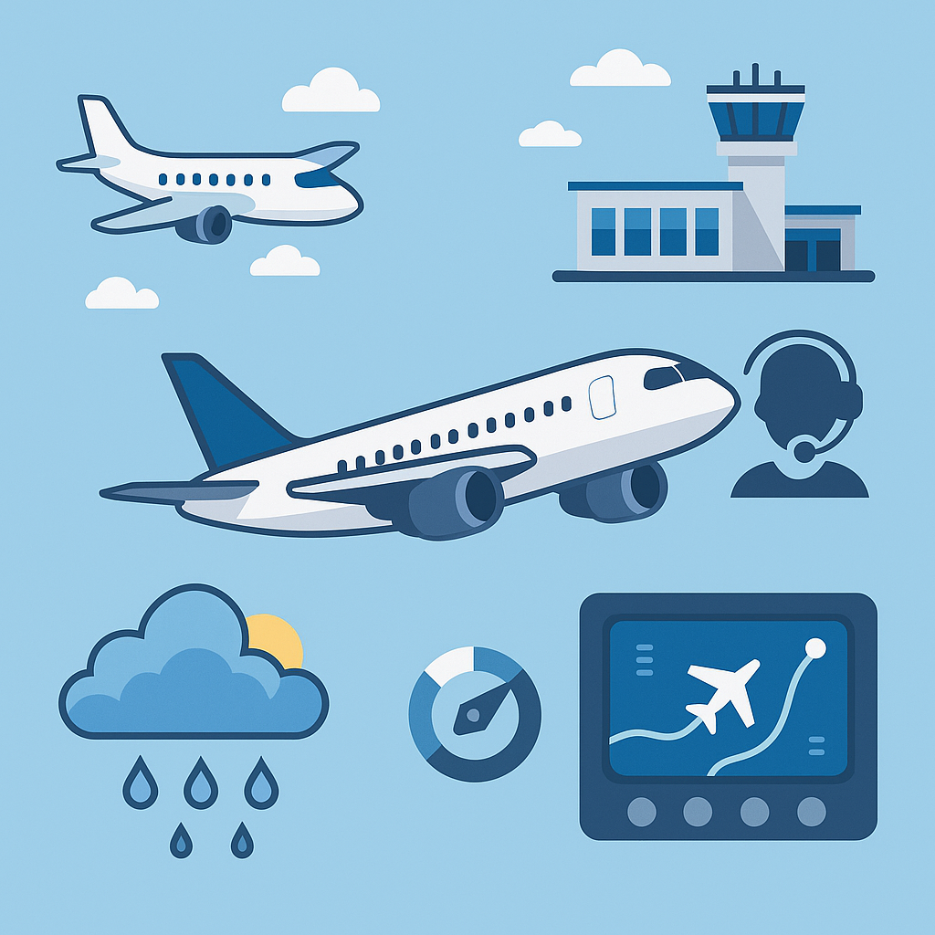 Conceptual illustration of flight sim add-ons including ATC, aircraft, and weather