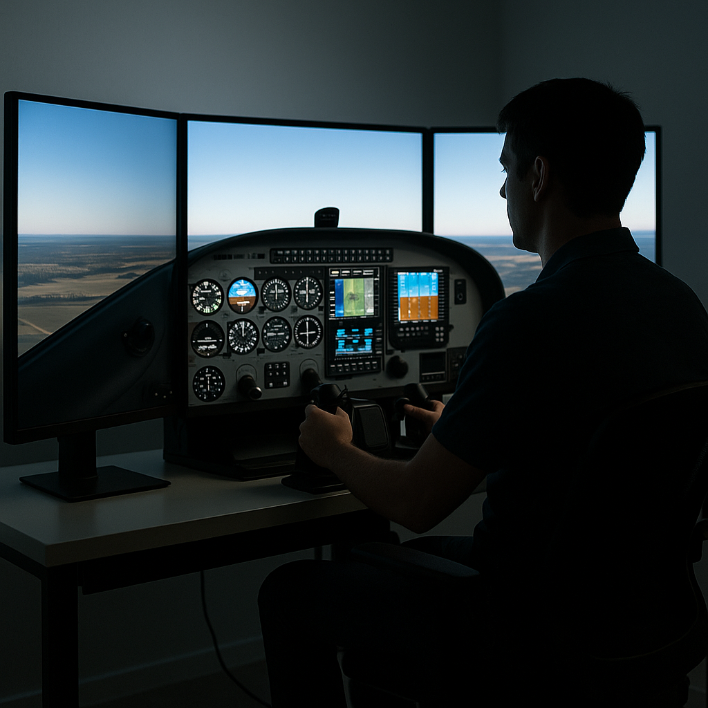 A pilot using a multi-monitor flight simulator setup with realistic cockpit instruments