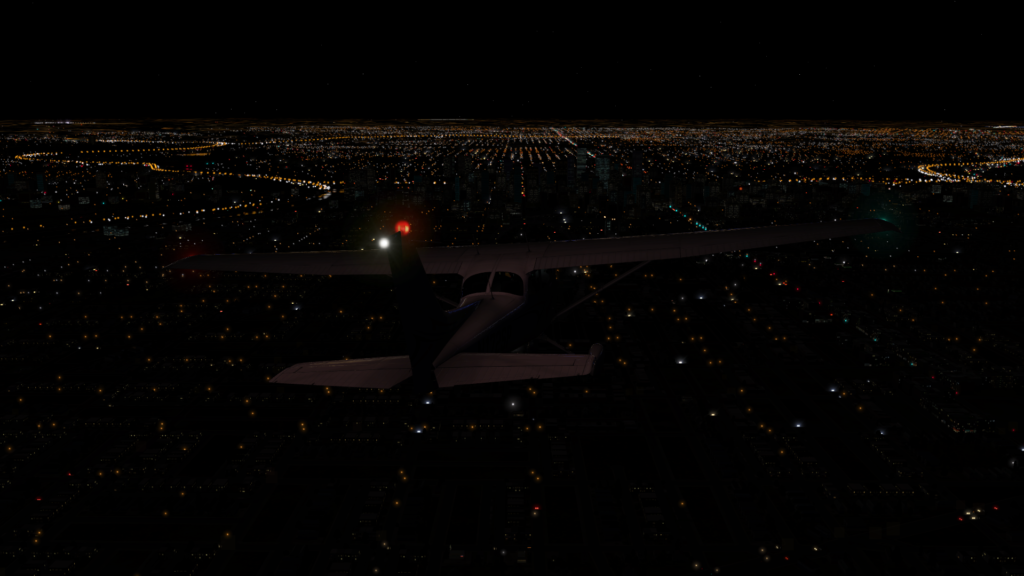 Enhanced night lighting in X-Plane 11 with add-on showing improved glow and visibility during approach in Cessna 172