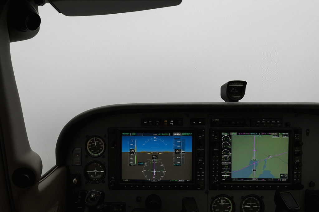  Cockpit view during instrument approach in heavy fog, with flight instruments clearly visible and no external horizon, simulating IFR conditions with weather mods.