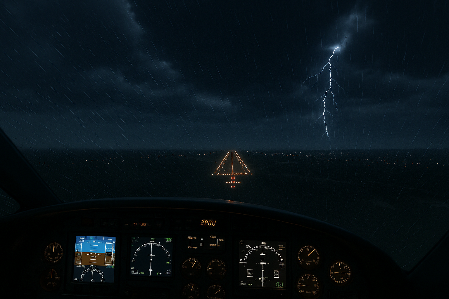 Cockpit view of an aircraft approaching a runway in stormy weather with rain and lightning in a flight simulator scenario.