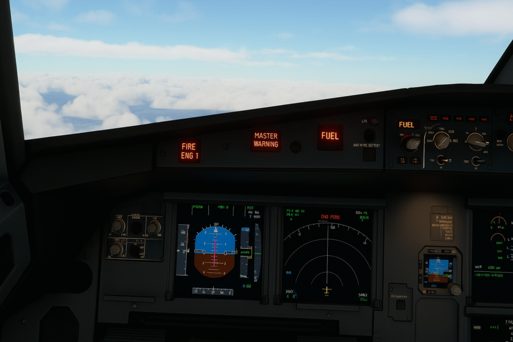 Cockpit view showing active emergency alerts including engine fire and fuel warnings during a flight simulator scenario.