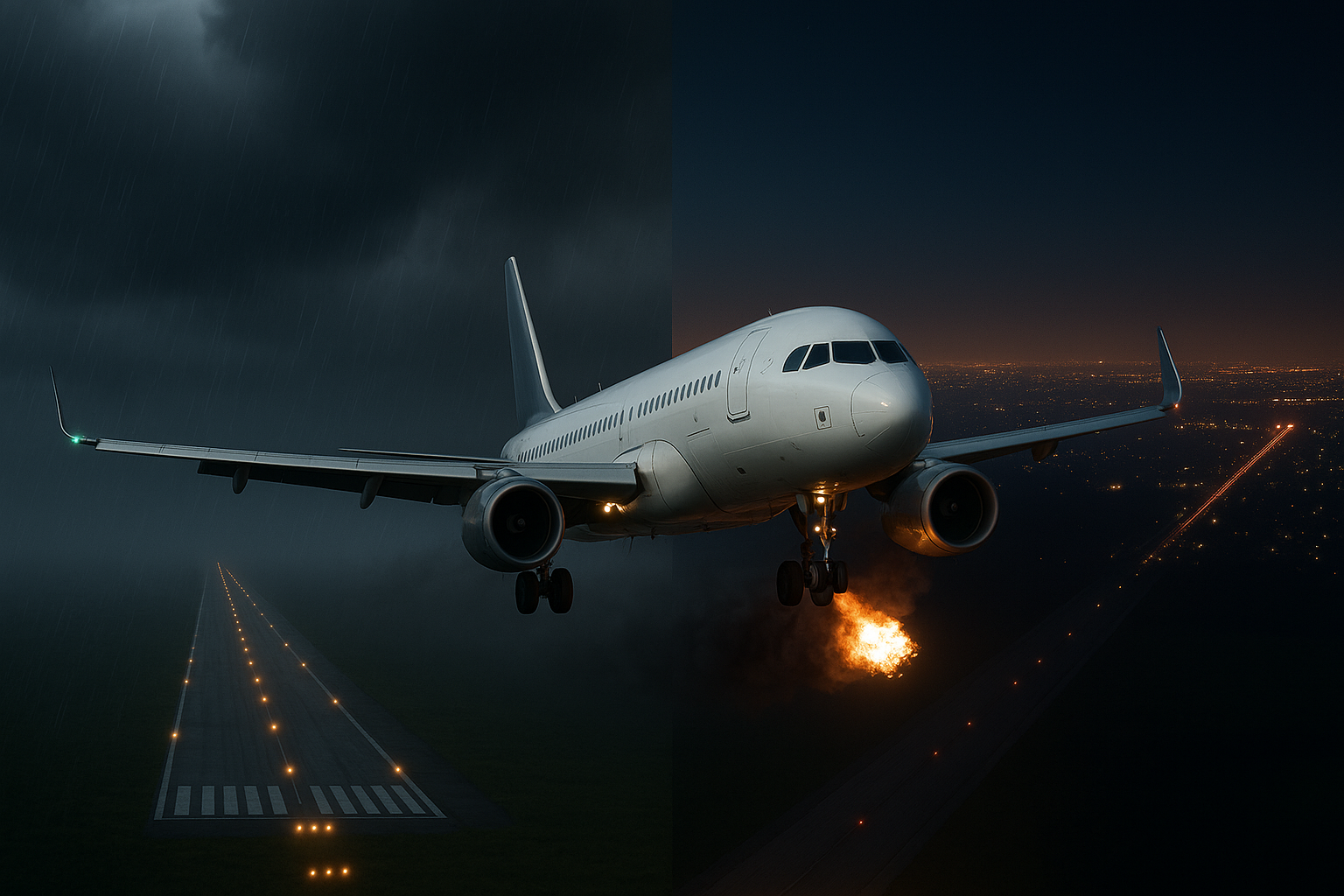 Aircraft approaching runway in storm and engine fire scenario, split between rain and night conditions