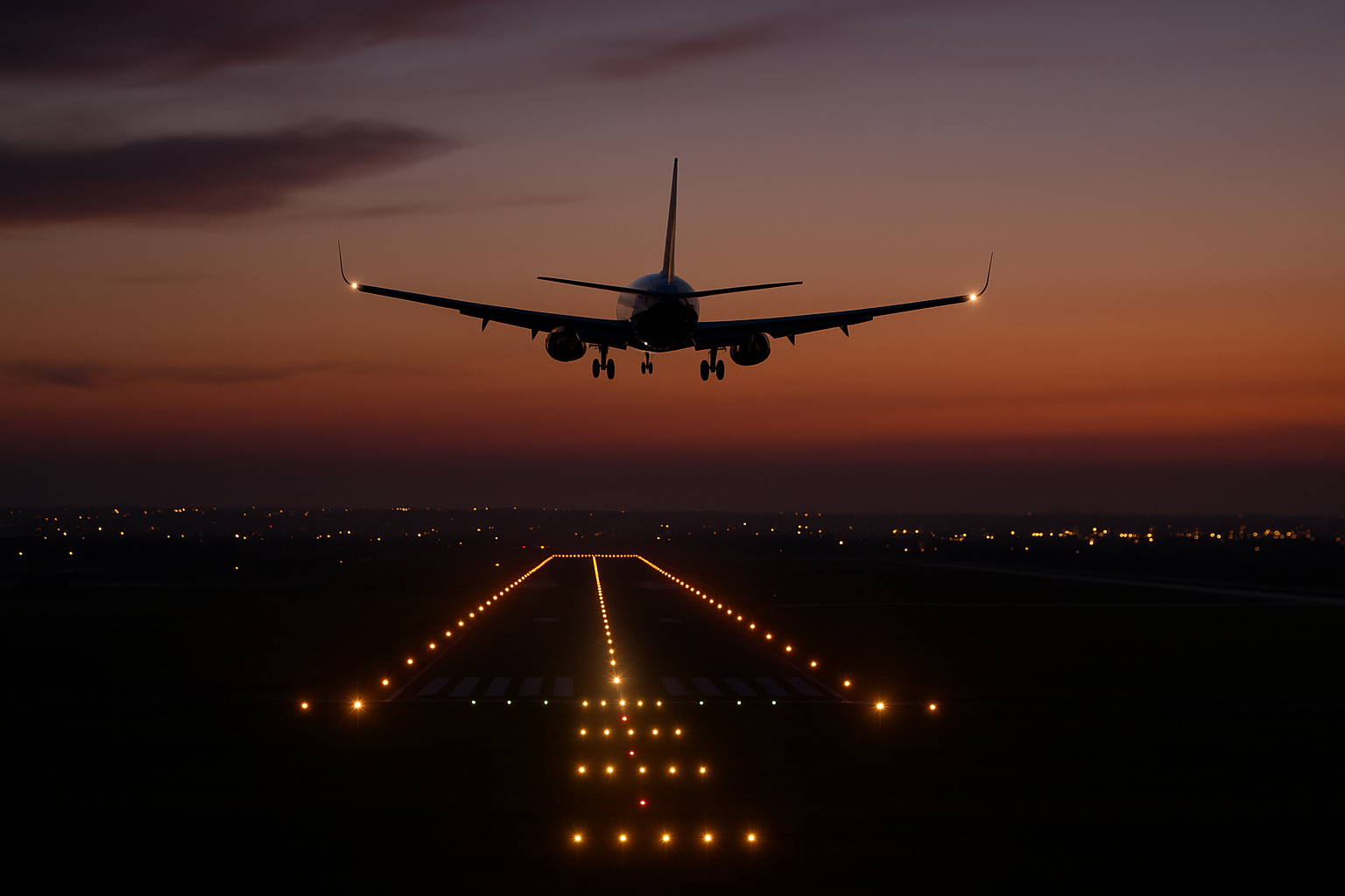 Aircraft landing during night with illuminated runway lights and dark city skyline