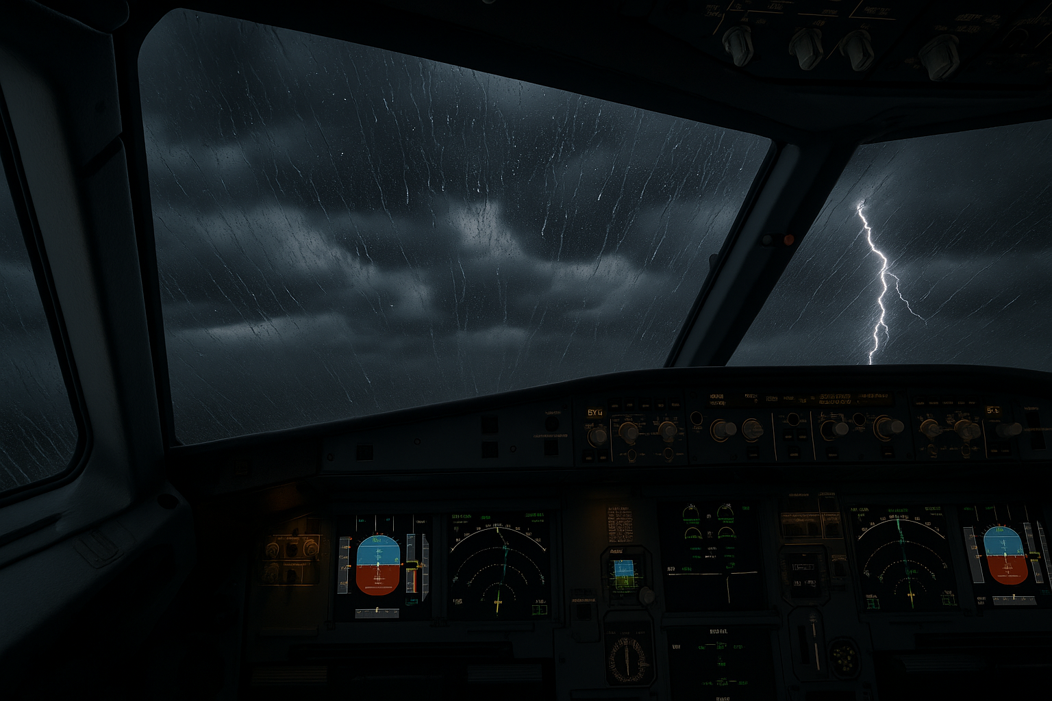 Futuristic flight sim weather system interface showing global maps and storm icons