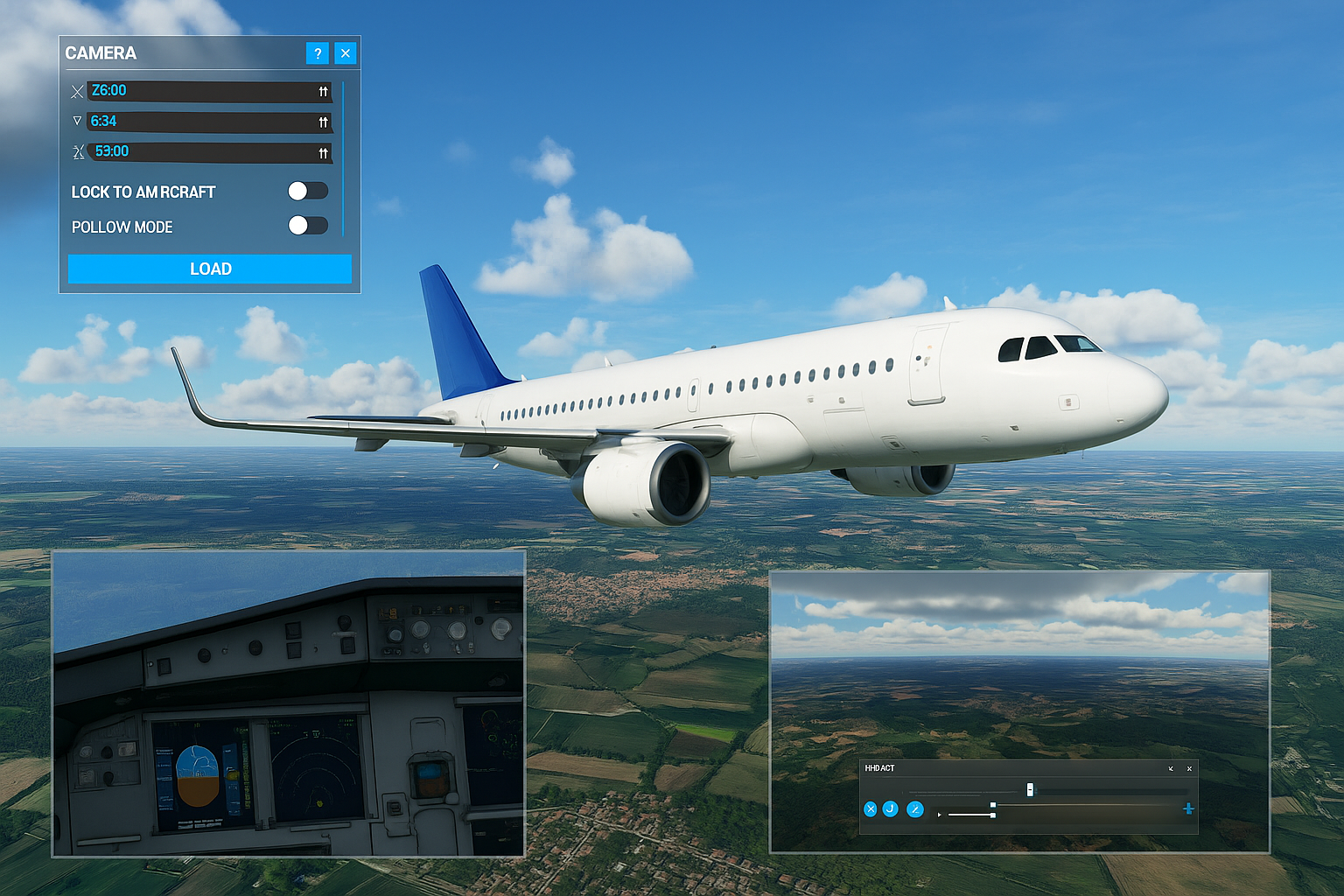 Composite image showing a flight simulator aircraft in mid-air with cockpit and camera interface elements, representing hidden tools like developer camera and replay systems.