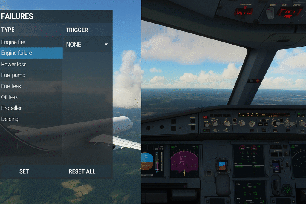 Hidden failures menu showing engine failure options with cockpit engine fire warning triggered