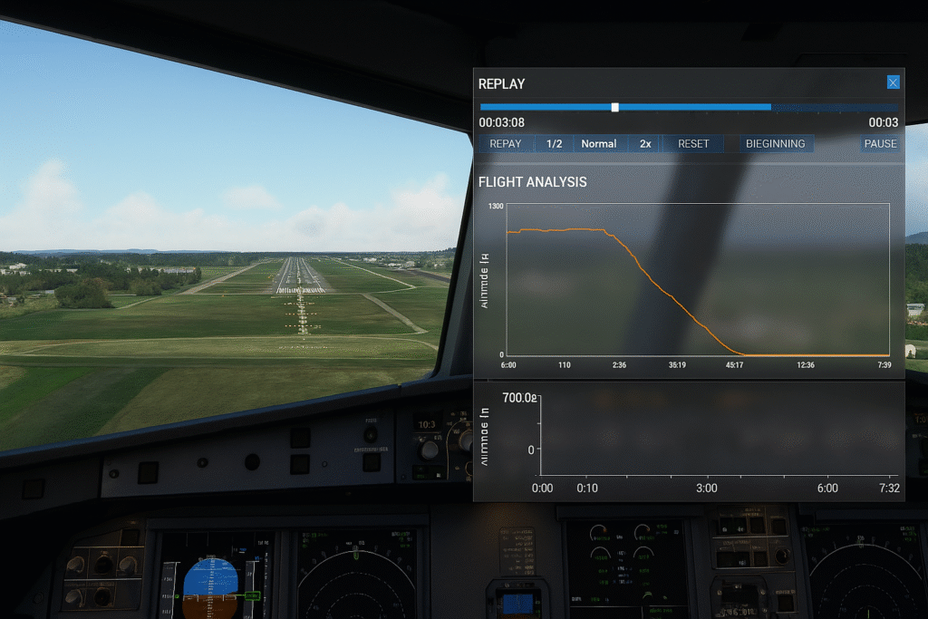 Replay and flight analysis panel showing altitude data over time during approach in flight simulator
