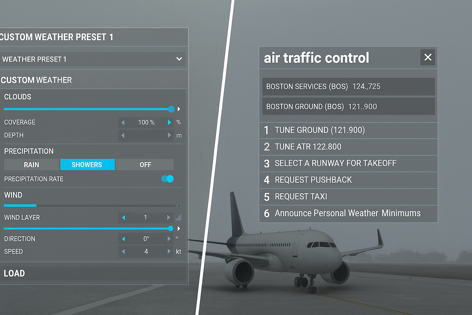 Split screen showing custom weather settings and air traffic control commands in flight simulator