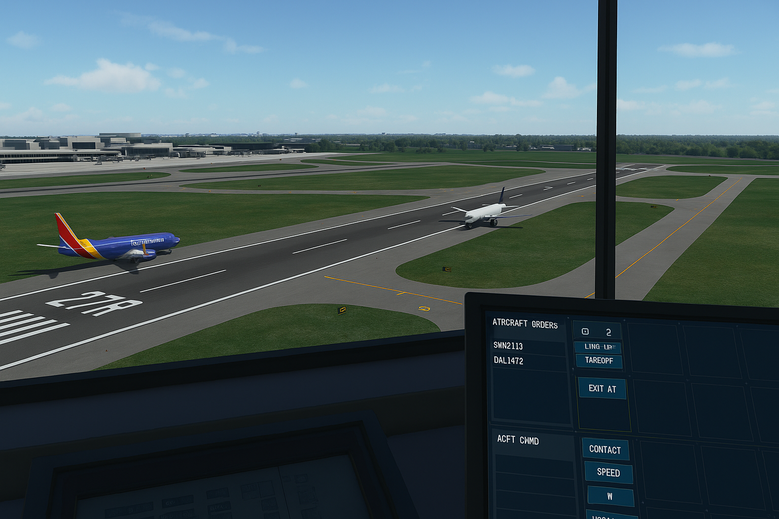  3D tower view of an airport showing two aircraft taxiing and departing on Runway 27R, with ATC command interface visible on screen, representing fun and visual ATC simulation games.