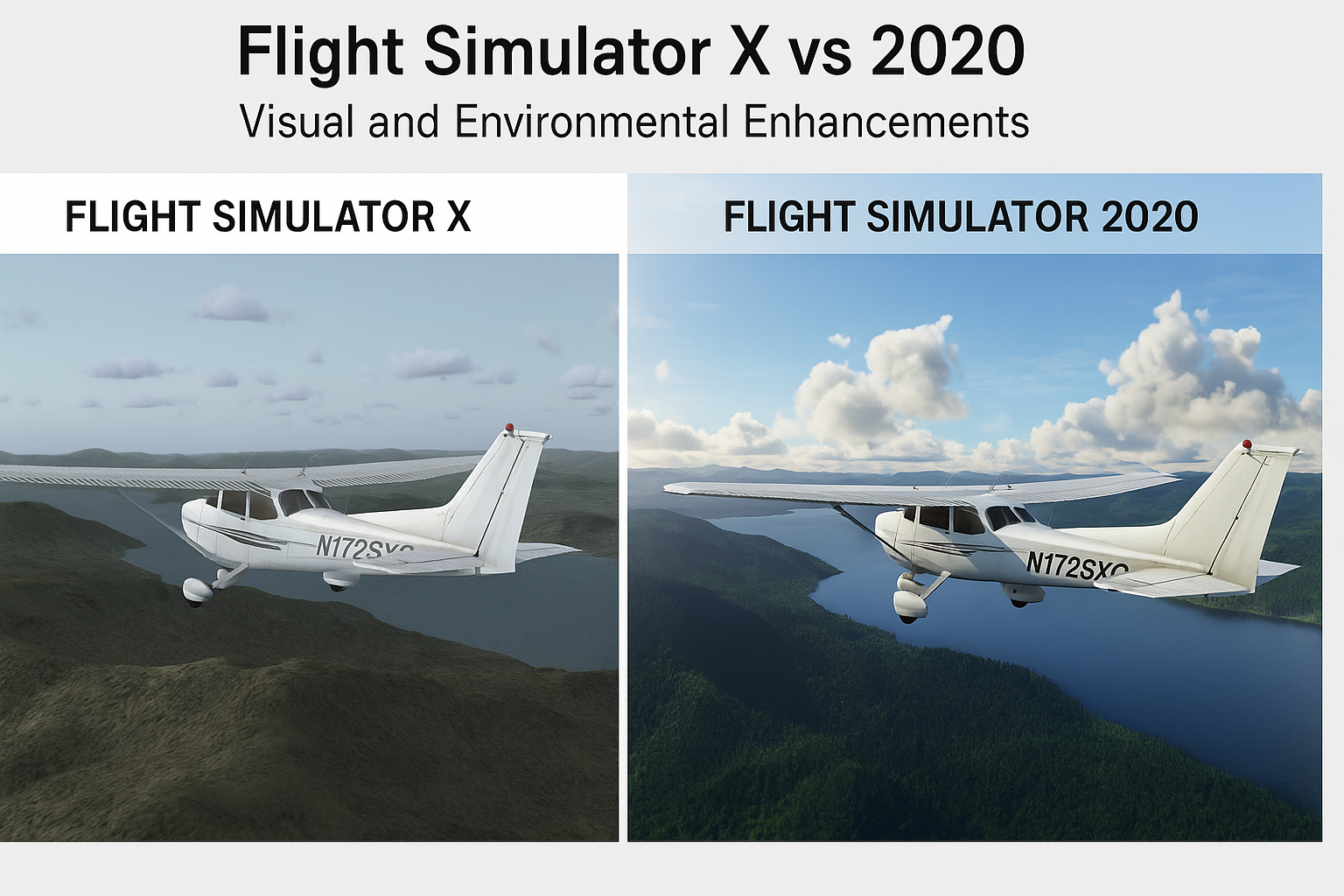 Flight Simulator X vs 2020 Cessna 172 comparison showing visual and environmental enhancements