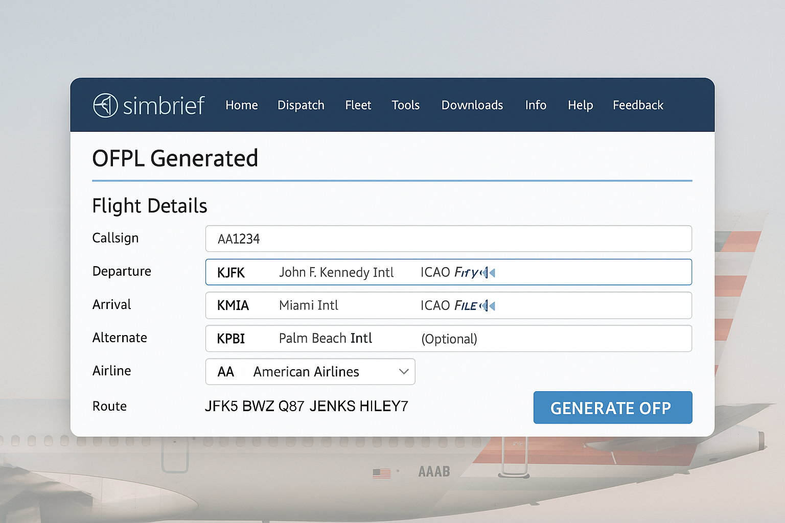 A digital screenshot of SimBrief's OFP generator showing a planned route from JFK to Miami, overlaid on a blurred image of a commercial aircraft tail, representing pre-flight planning for FMC setup.