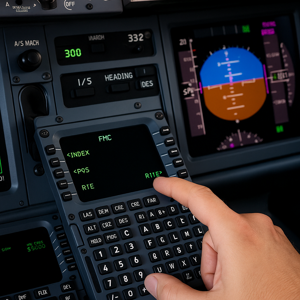 Hand entering route data into the CDU for flight planning