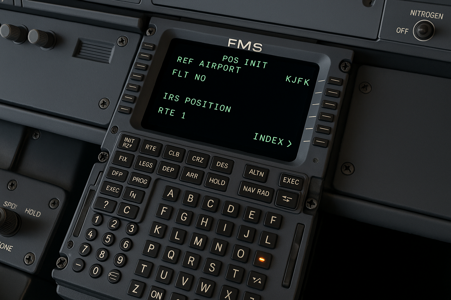 FMC screen showing POS INIT page with route entry beginning from JFK