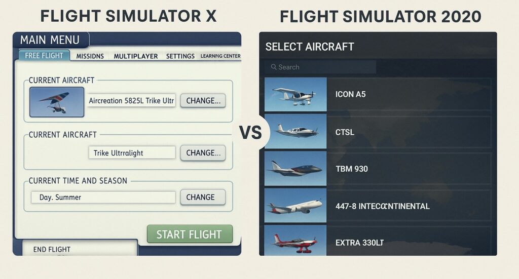 Comparison of aircraft selection menus in Flight Simulator X and Microsoft Flight Simulator 2020, showing FSX’s simple list-style interface versus MSFS 2020’s modern aircraft thumbnails and sleek UI.