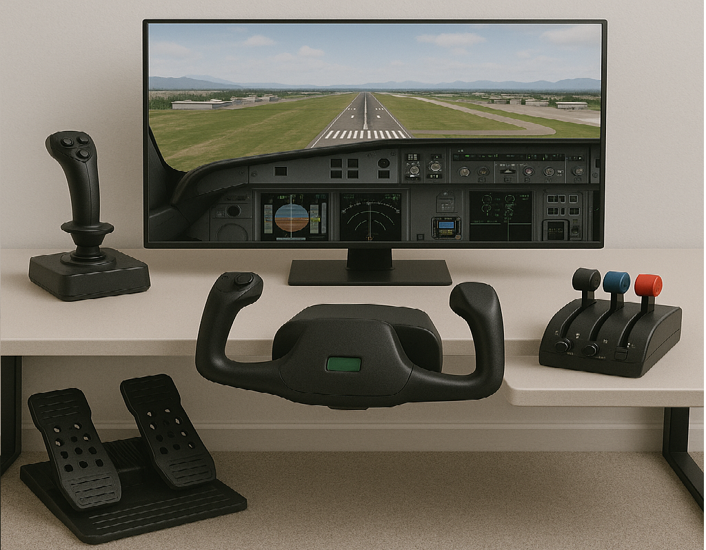 Complete flight simulation setup on a desk with joystick, yoke, throttle quadrant, and rudder pedals; monitor displays an aircraft cockpit view approaching a runway.