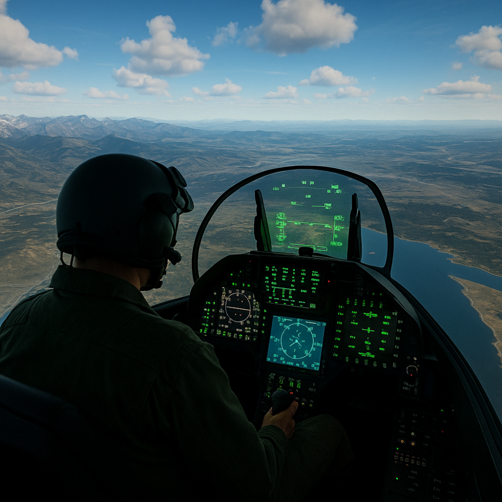 Inside view of a fighter pilot using a simulator with green HUD overlay