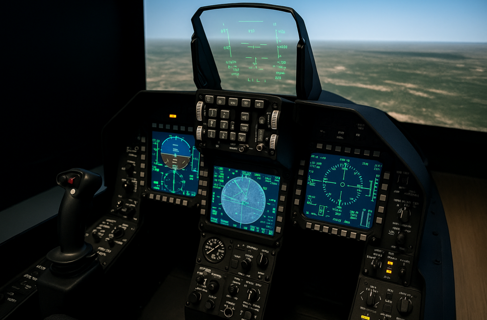 Close-up view of a fighter jet simulator cockpit with HUD and multiple display panels
