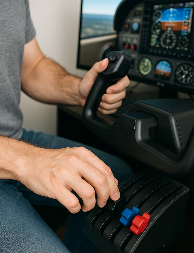 A close-up of a flight sim user’s hands, one gripping a control yoke and the other adjusting a throttle lever, highlighting how repeated use of physical gear builds muscle memory during training.