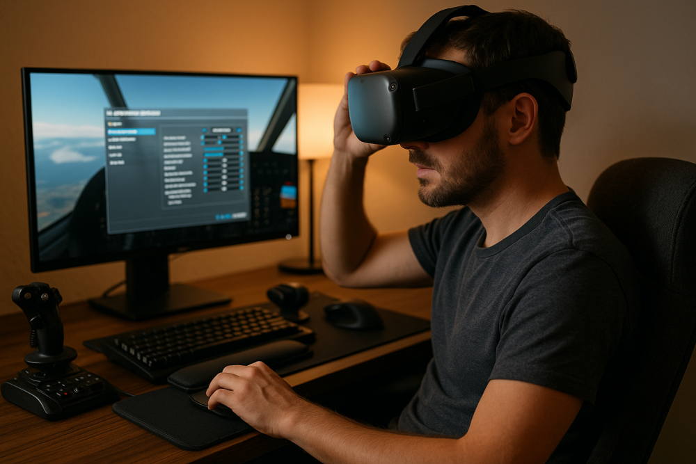 A flight sim user adjusting a VR headset in a dimly lit room with relaxed posture, surrounded by ergonomic accessories and a software settings panel on screen.