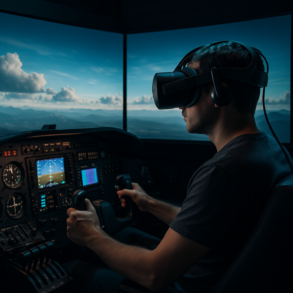 A flight sim user in VR headset operating a realistic cockpit with panoramic virtual sky on monitors