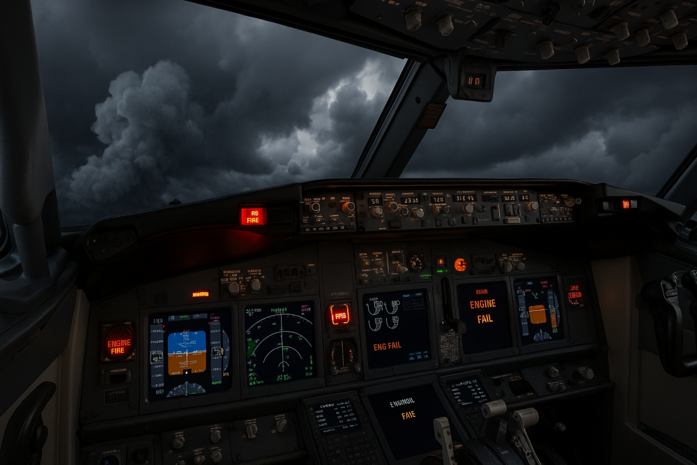 A flight simulator cockpit mid-flight showing warning indicators for engine failure and fire, with storm clouds outside