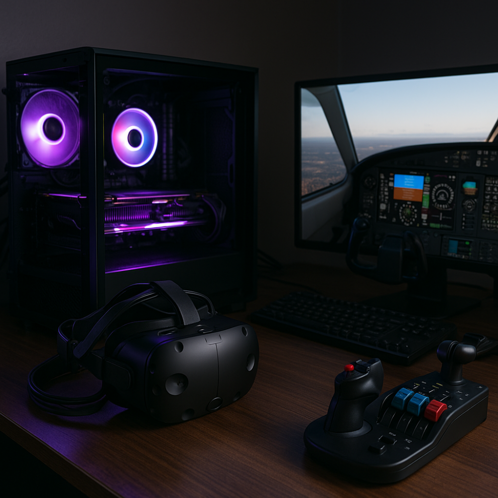 A high-performance PC setup with VR headset beside a flight sim rig and glowing GPU inside a tower