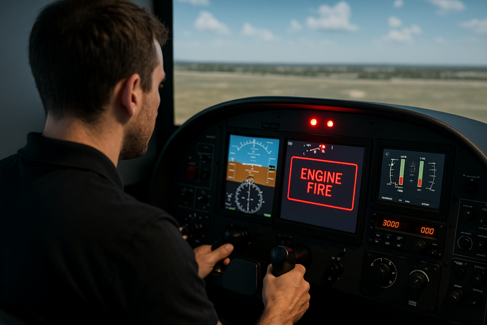 A pilot trainee seated in a flight simulator cockpit reacting to an 