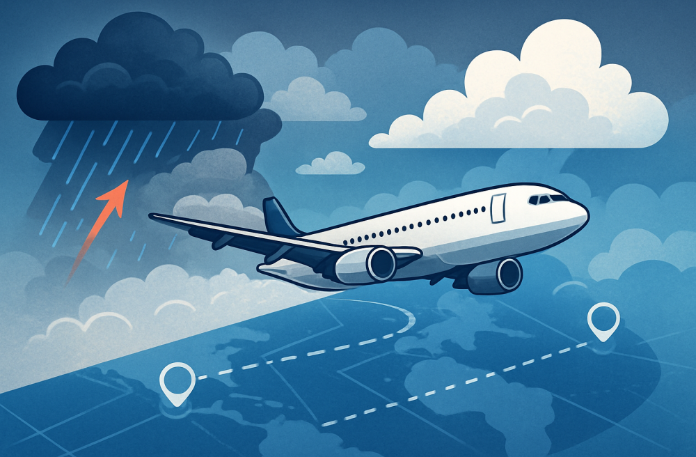 Airplane flying across a digital weather map showing stormy and clear skies with a flight path