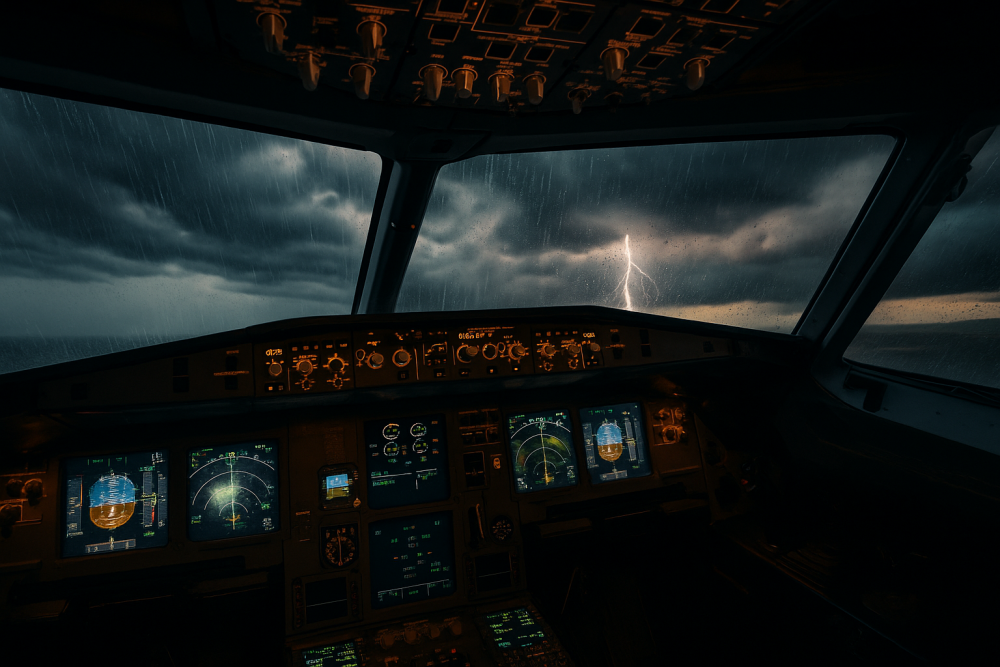 Cockpit view in a flight simulator showing realistic weather with lightning and rain outside