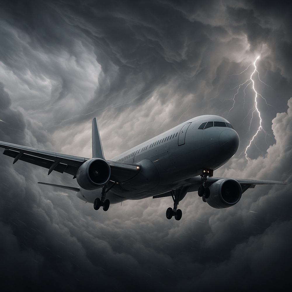 Commercial jet flying through turbulent clouds with lightning in the distance