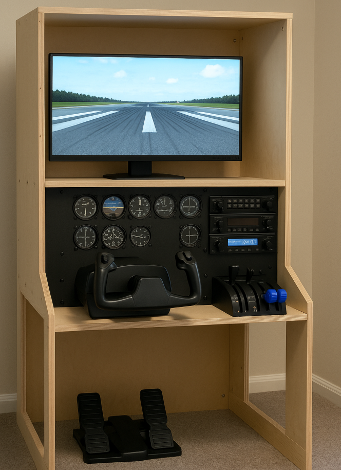 Custom DIY home cockpit build with yoke, rudder, and avionics