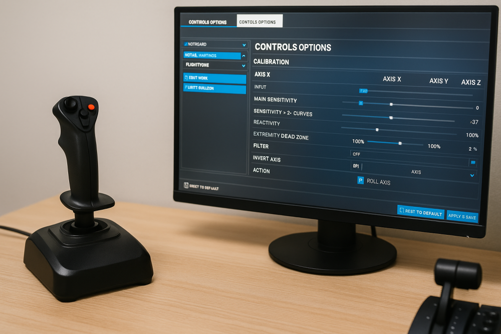 Flight simulator joystick next to screen showing calibration and control mapping options