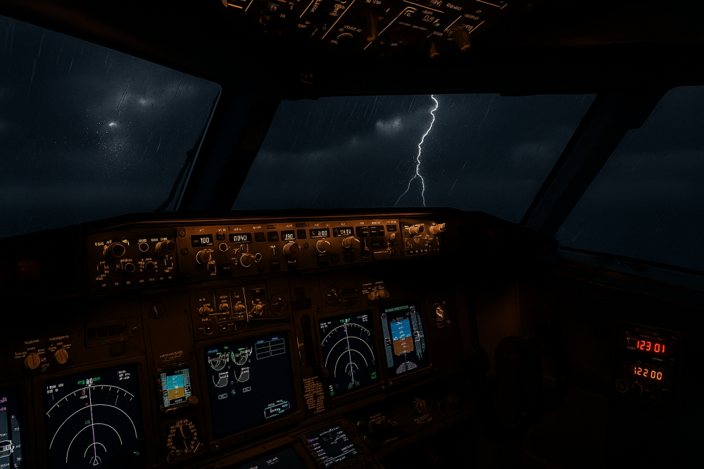 Flight simulator cockpit during a night-time stormy approach, with illuminated instruments and realistic ATC communication setup