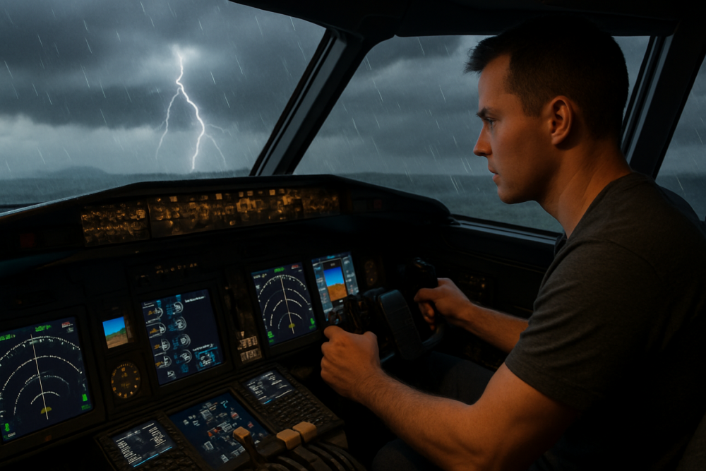Flight simulator pilot handling turbulence with focused manual control during stormy conditions
