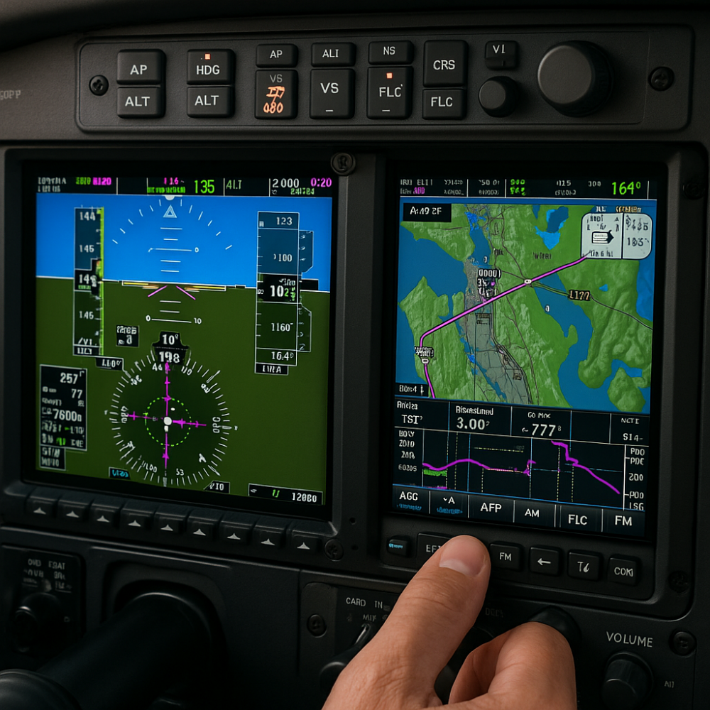 Pilot hand adjusting avionics controls with navigation and attitude displays in IFR mode
