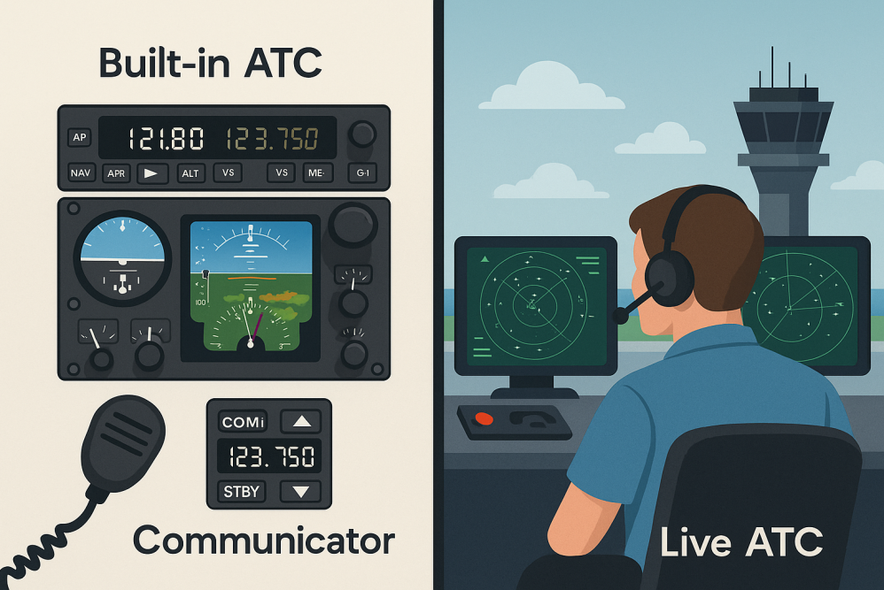 Illustration comparing built-in ATC systems in a flight simulator cockpit with a live air traffic controller at radar screens in a control tower.