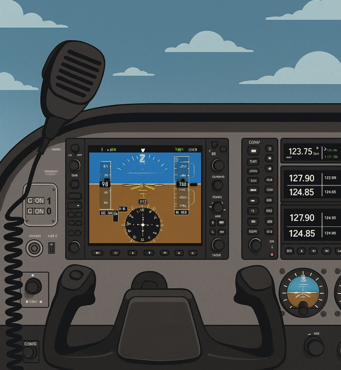  Illustration of a flight simulator dashboard showing avionics, radio frequencies, and a cockpit microphone to represent realistic ATC communication setup.