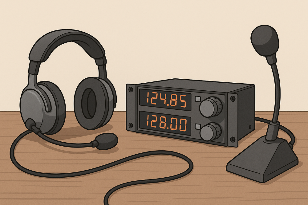 Illustration of aviation communication gear including a headset, radio panel, and microphone, placed on a wooden desk for flight simulation setup.