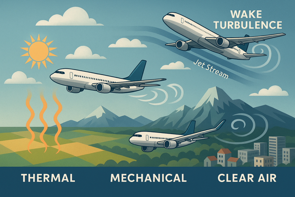 Illustration showing thermal, mechanical, clear air, and wake turbulence with labeled aircraft and terrain