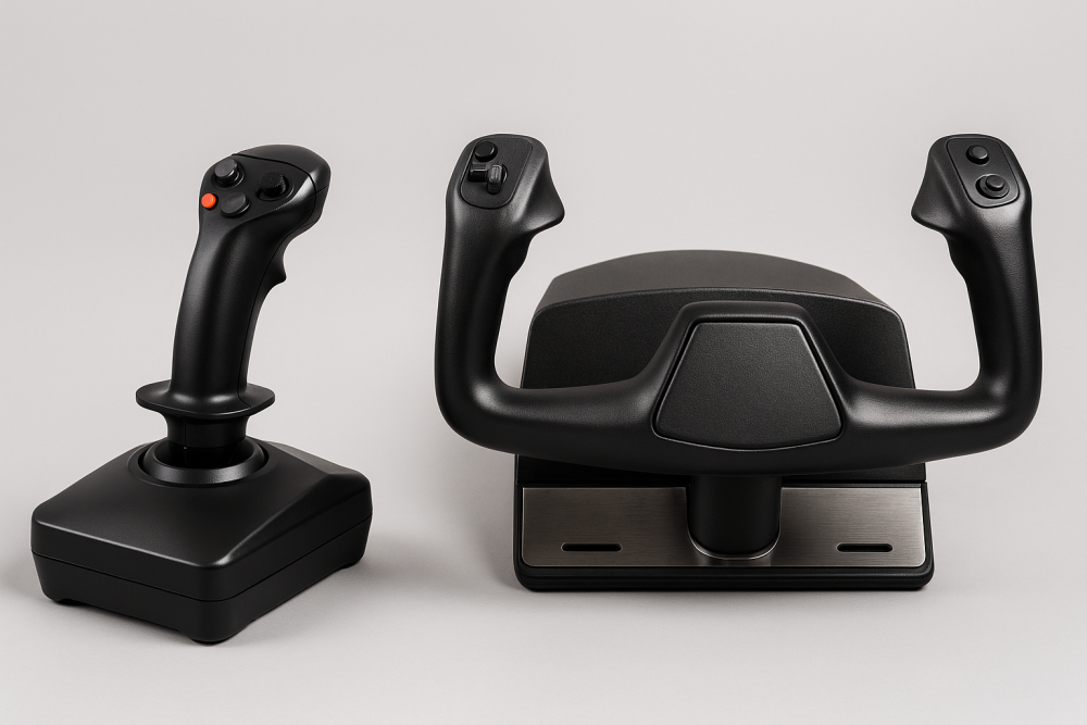 Side-by-side view of a flight simulator joystick and yoke on a neutral background