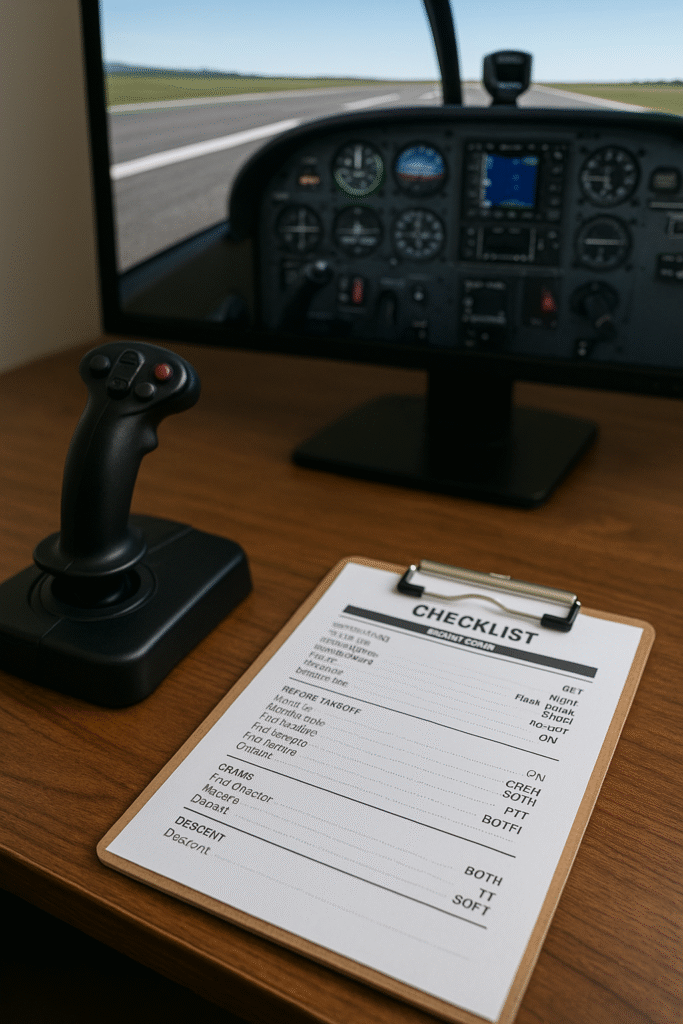 A printed flight simulator checklist rests on a wooden desk beside a joystick, with a computer monitor in the background showing a cockpit view on final approach, emphasizing the importance of real checklists in sim training.