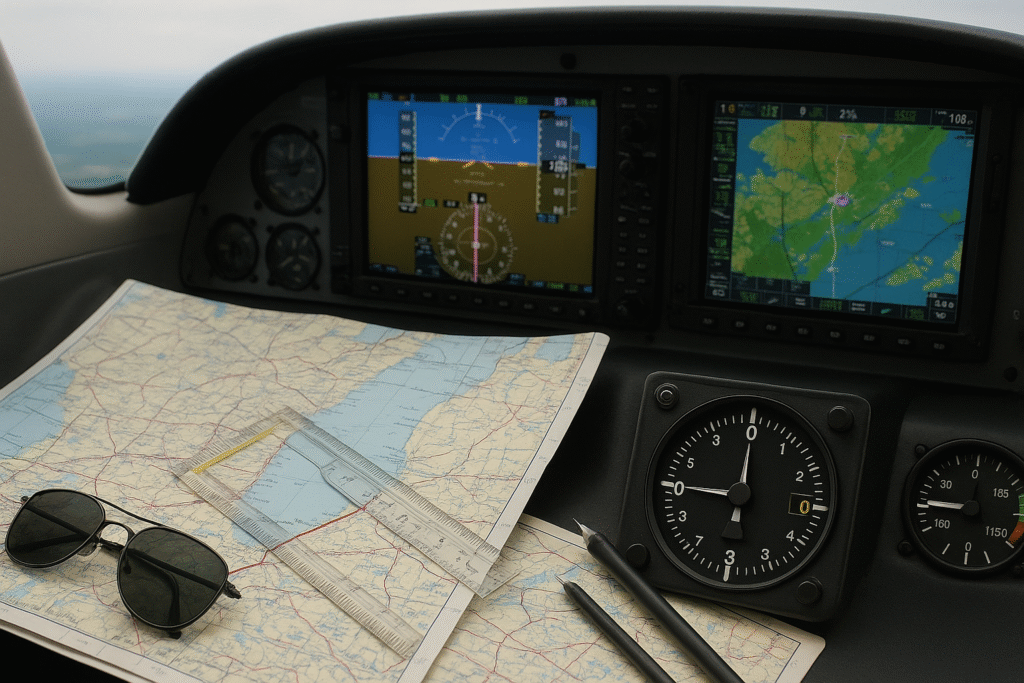 Flight simulator cockpit with route map and navigation tools for realistic flight planning
