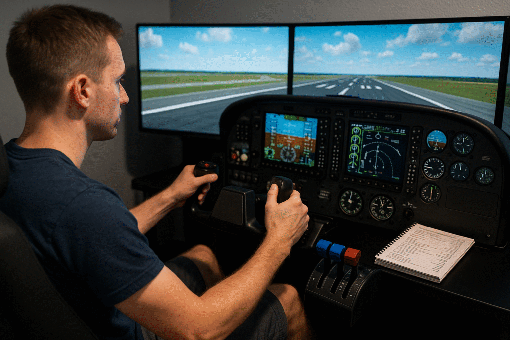 A male trainee pilot seated at a flight simulator with three monitors, gripping a yoke and throttle while cockpit instruments and a printed checklist are visible, illustrating focused pilot training using realistic flight simulation gear.