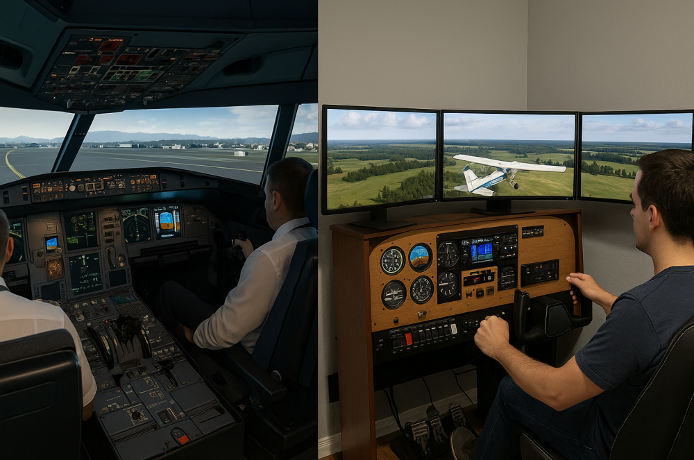 Side-by-side comparison of a full-motion professional flight simulator and a home cockpit setup with three monitors