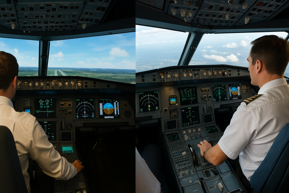 Side-by-side view of a professional full-motion flight simulator and a real cockpit, both showing pilots engaged in training procedures