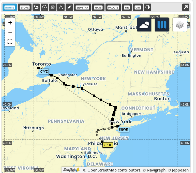Simbrief - Flight route from Toronto Pearson Airport to JFK