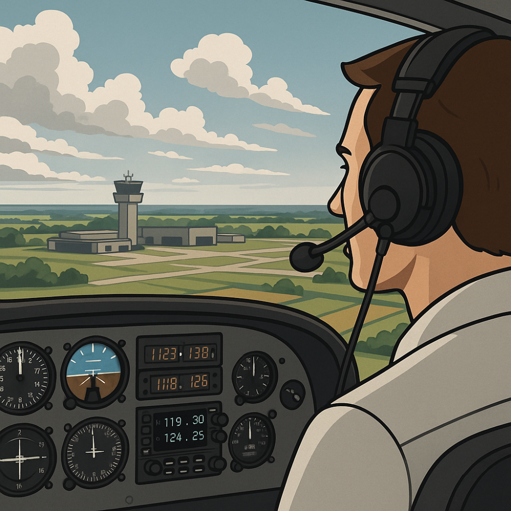  View from inside a cockpit showing a pilot in a headset communicating with ATC, with an airport control tower visible through the window and detailed instrument readings on the panel.