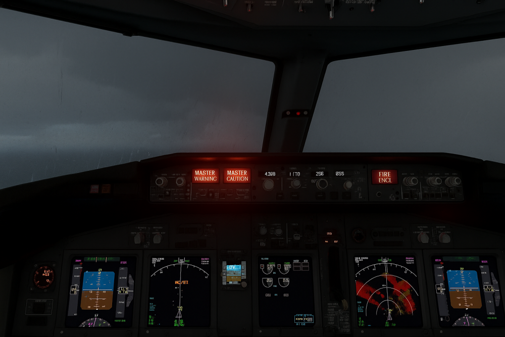 Virtual cockpit in Microsoft Flight Simulator showing a warning panel during an emergency scenario