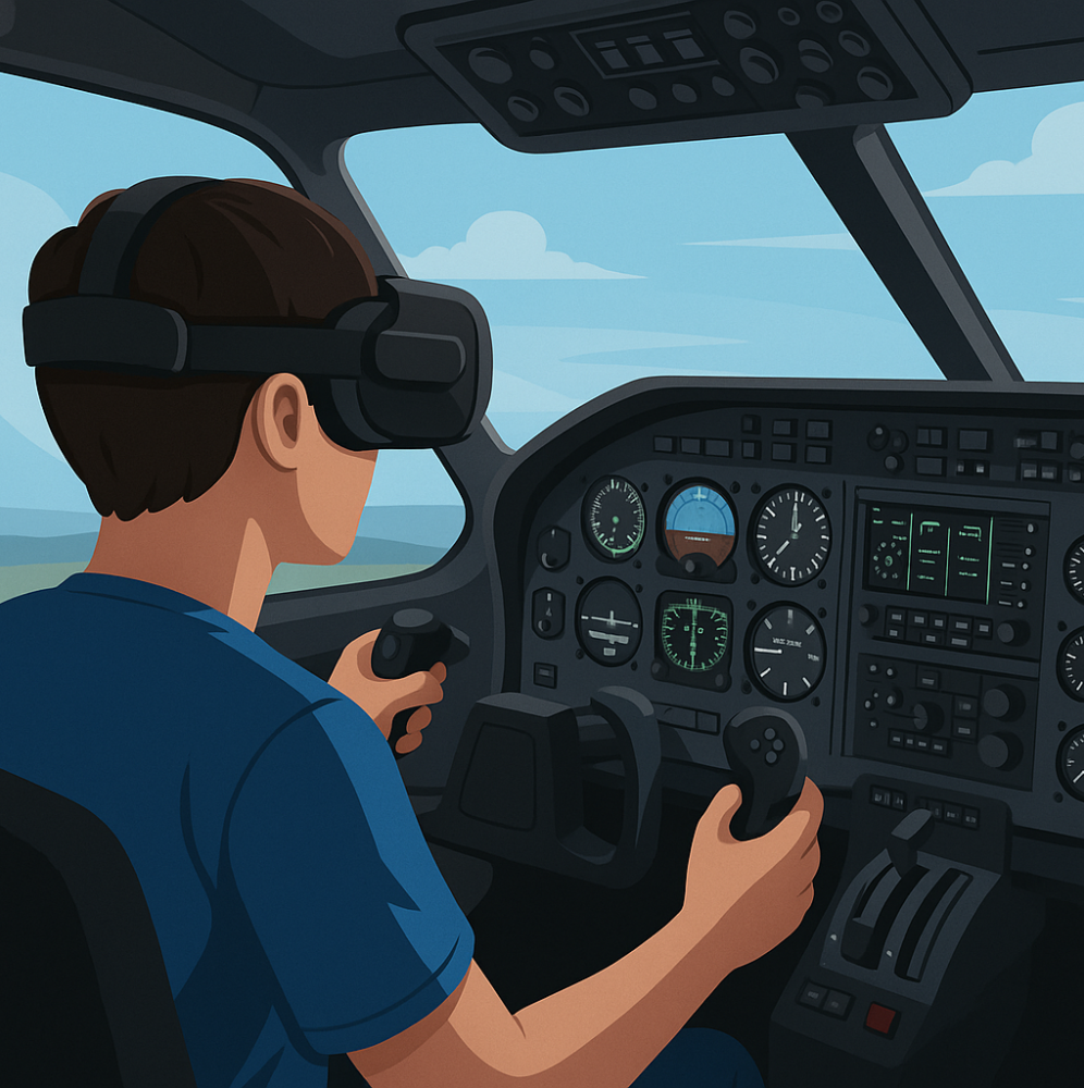 Virtual reality user interacting with flight sim cockpit using VR headset and physical controls
